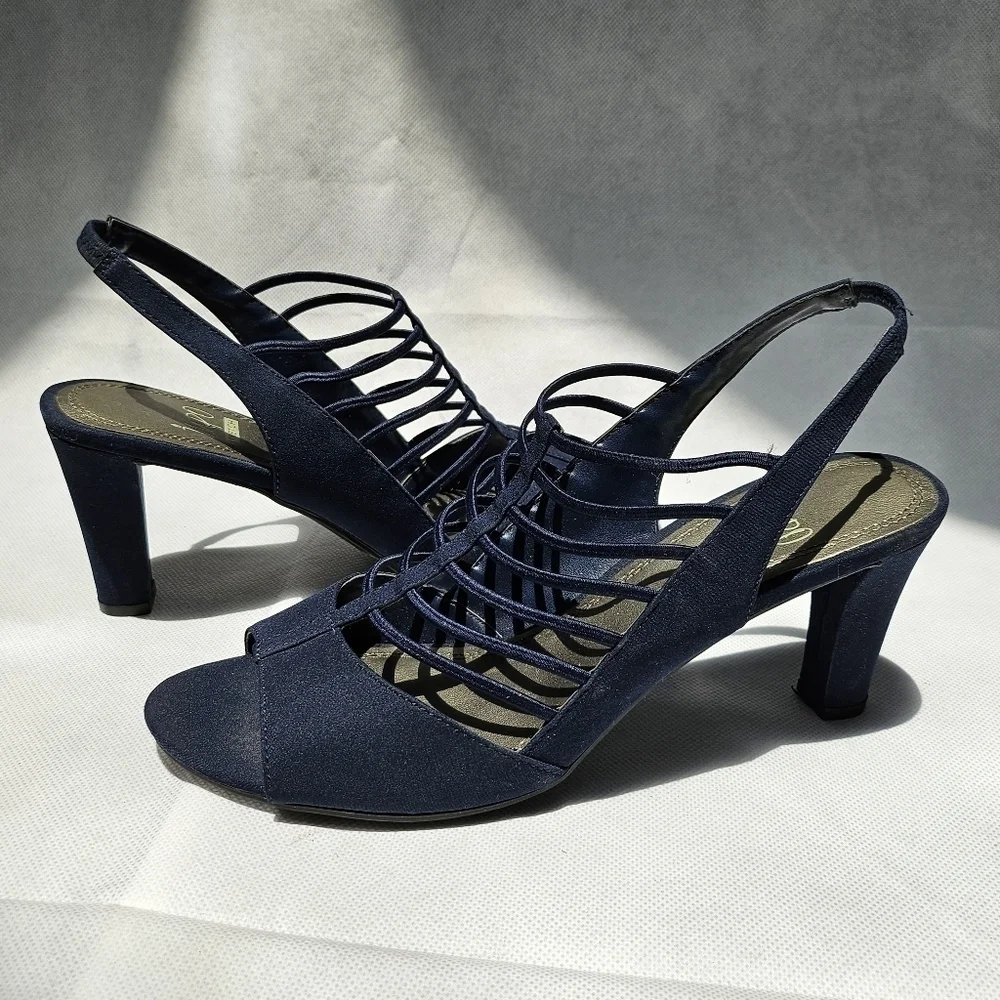 Impo Stretch Vila Navy Blue Fabric Strappy Slingback 3in Heels Size 9